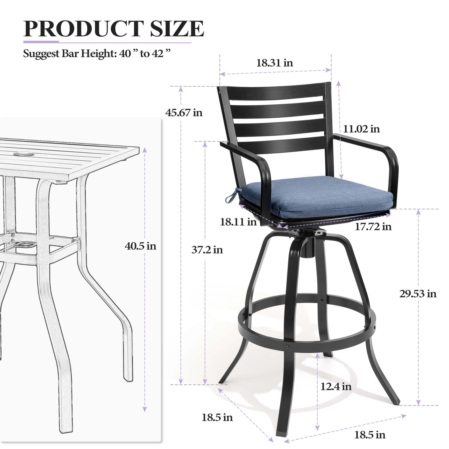 Cast Aluminum Swivel Outdoor Bar Stool Set of 2 with Sunbrella