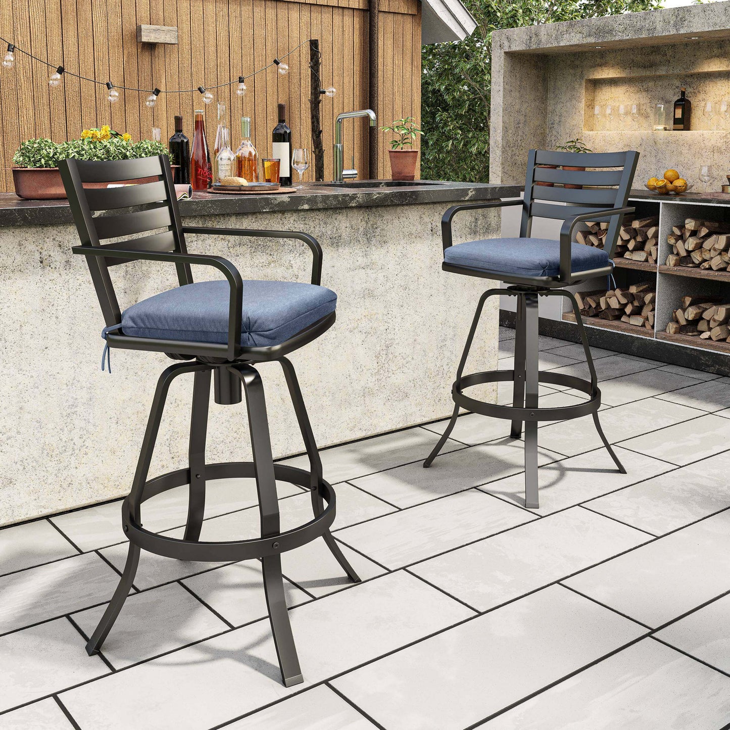 Cast Aluminum Swivel Outdoor Bar Stool Set of 2 with Sunbrella