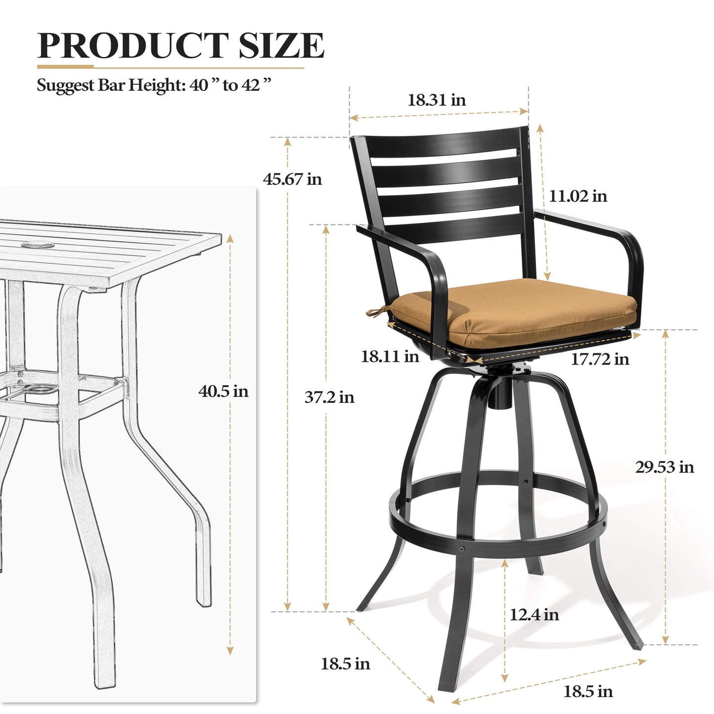 Cast Aluminum Swivel Outdoor Bar Stool Set of 2 with Sunbrella
