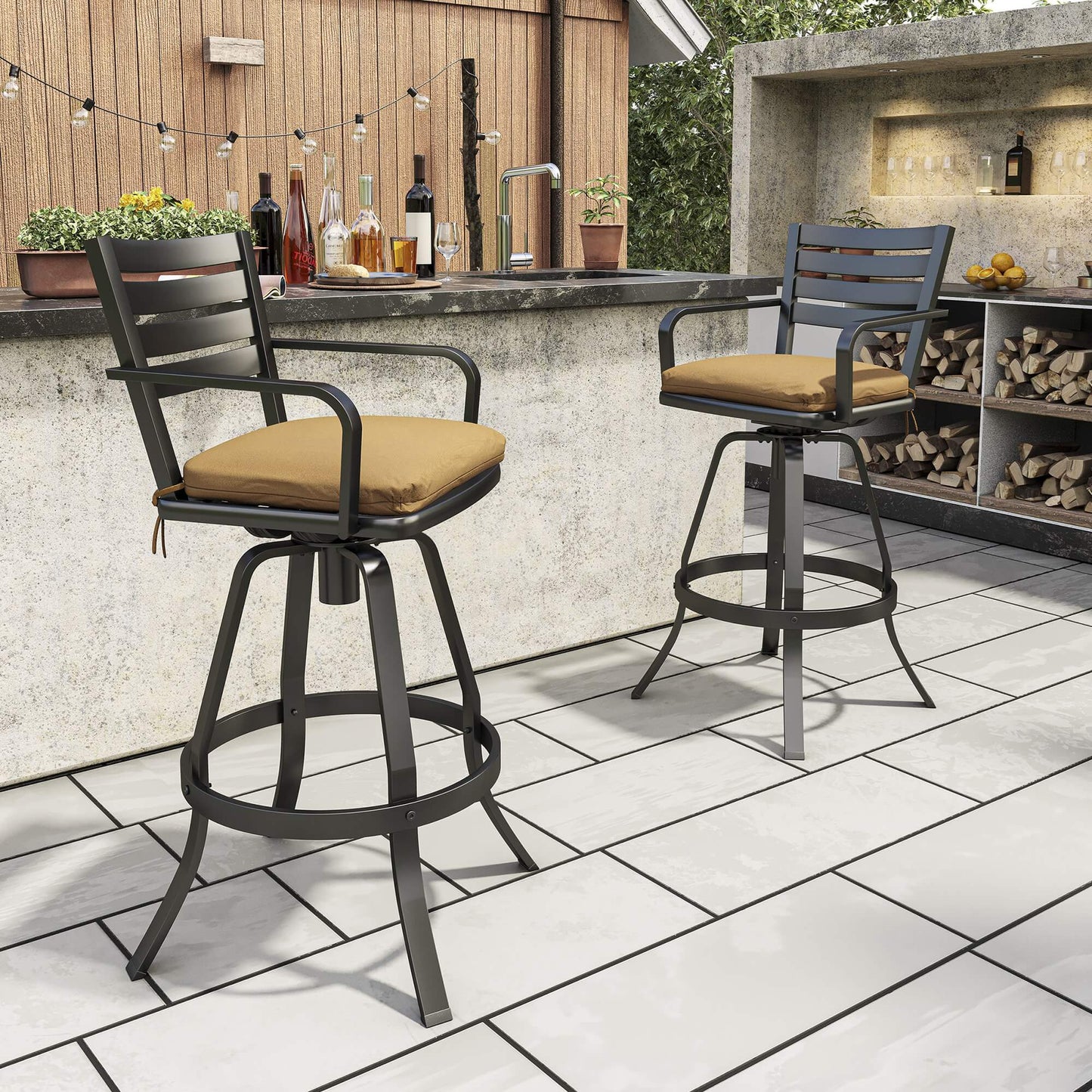 Cast Aluminum Swivel Outdoor Bar Stool Set of 2 with Sunbrella