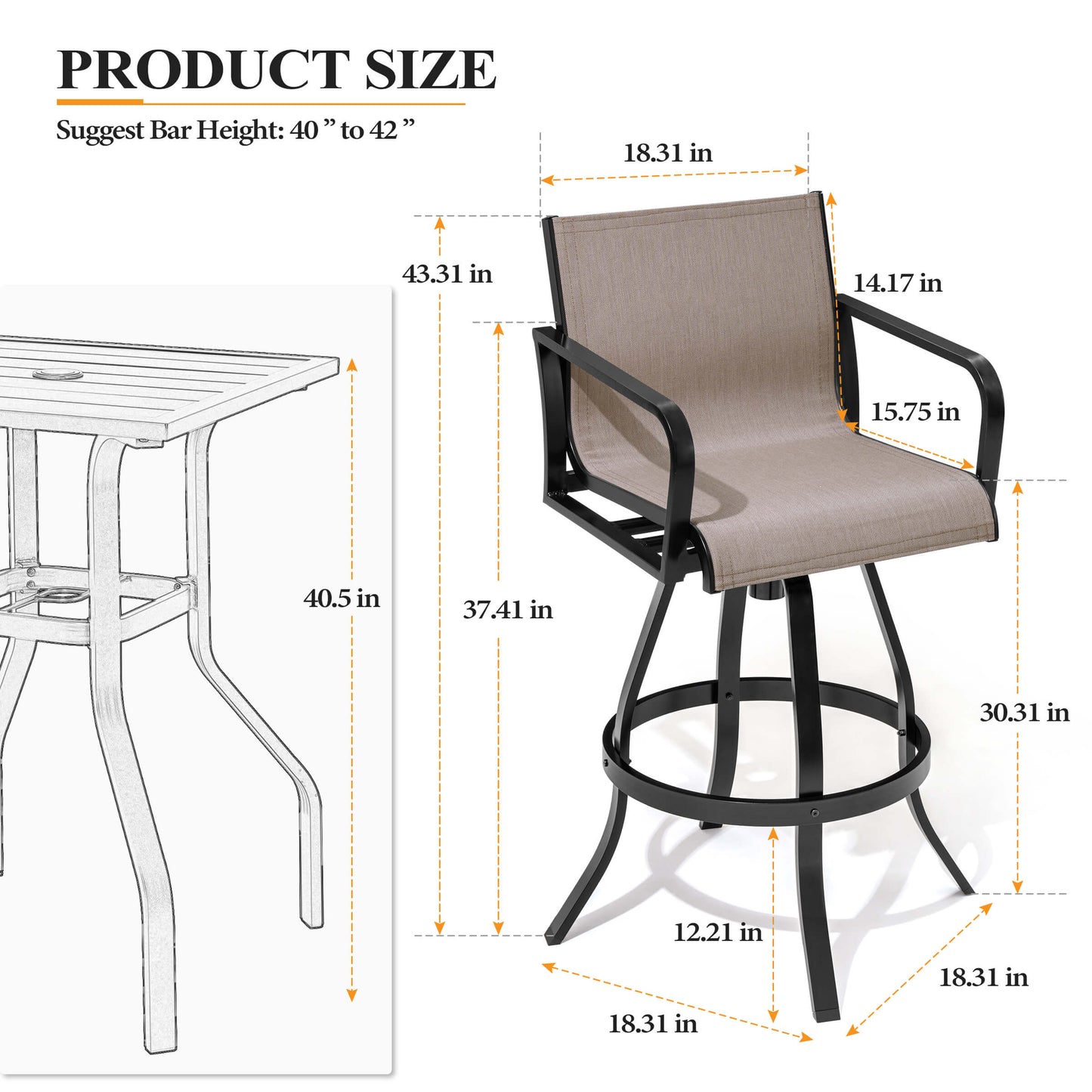 Aluminum Swivel Outdoor Bar Stool Set of 2 with Textilene