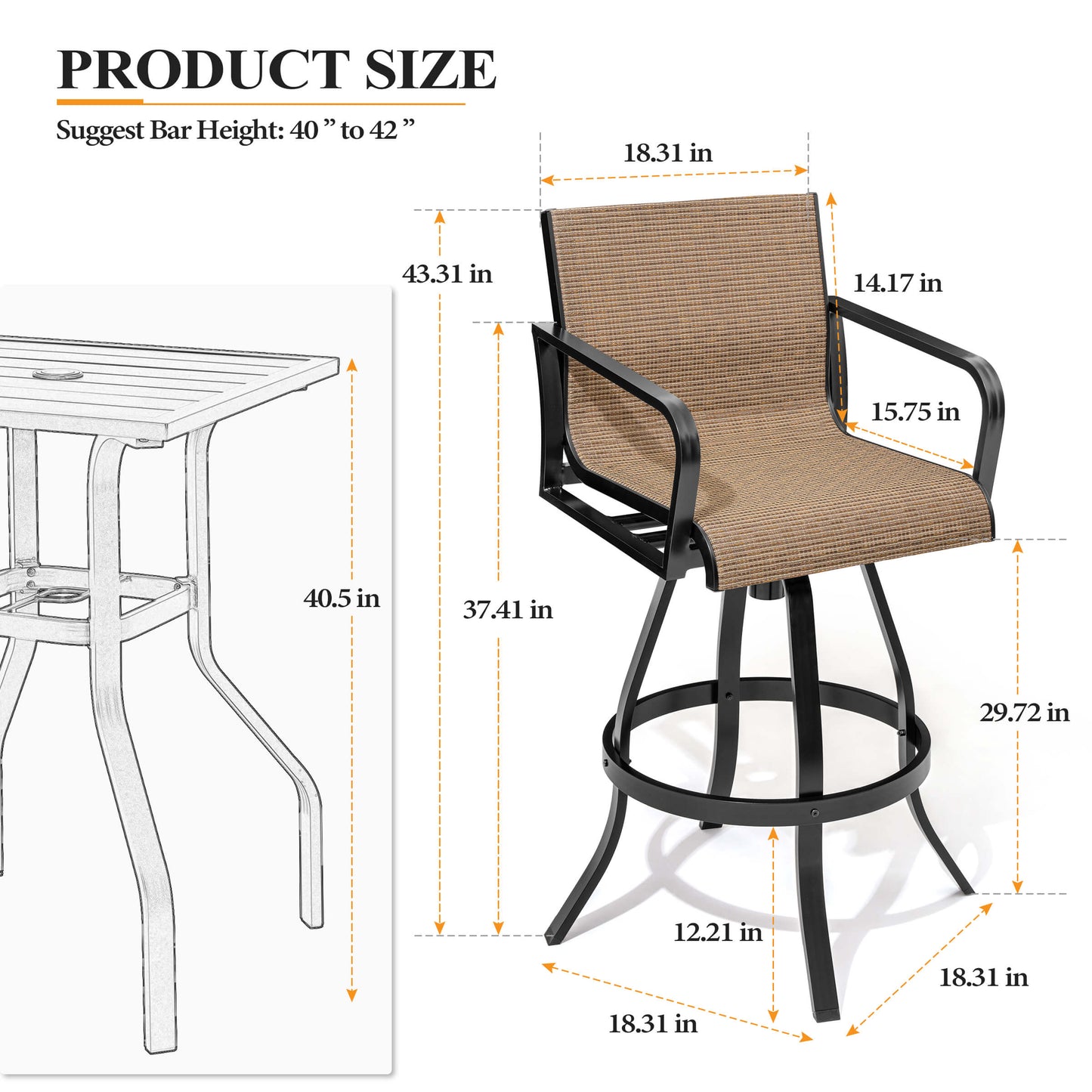 Aluminum Swivel Outdoor Bar Stool Set of 2 with Textilene