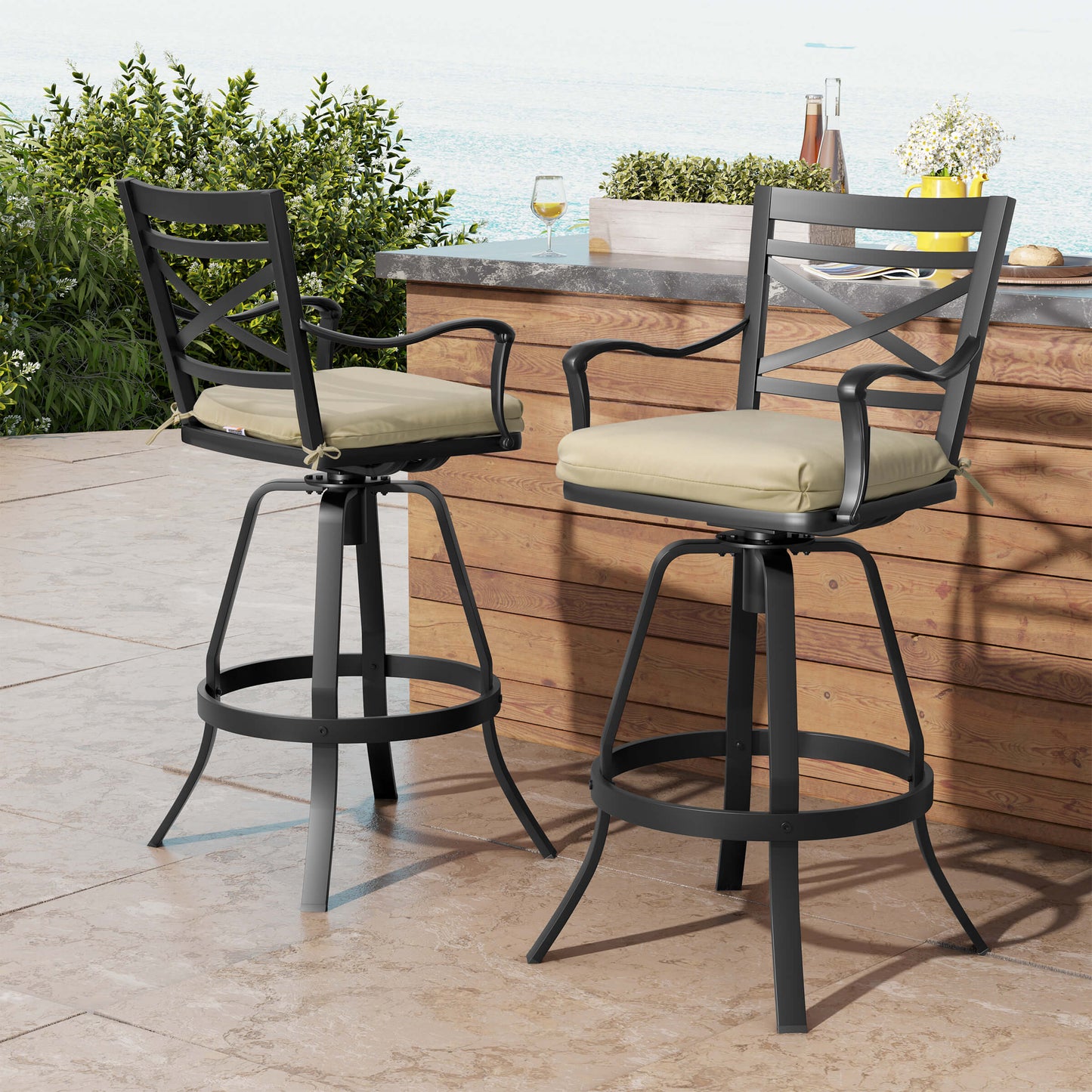 Aluminum Swivel Outdoor Bar Stool Set of 2 with Sunbrella Cushion