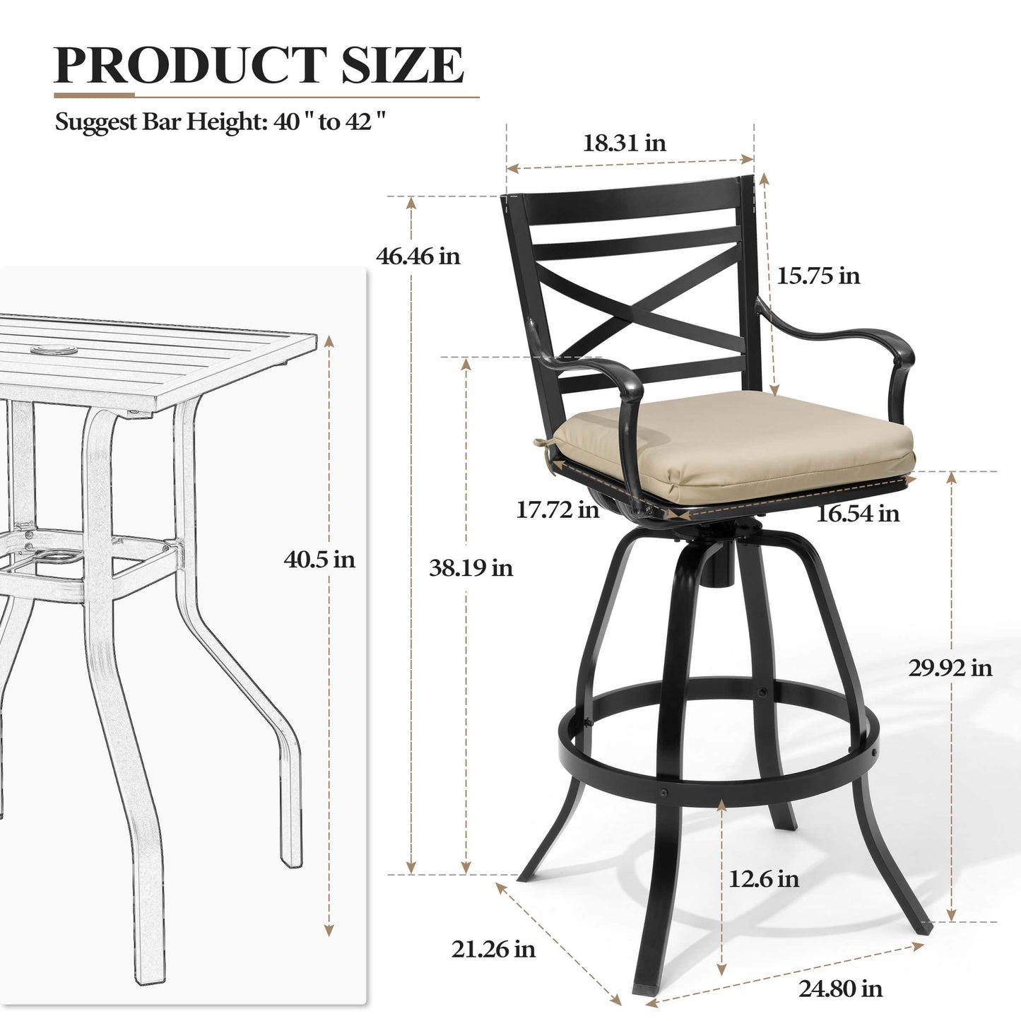 Aluminum Swivel Outdoor Bar Stool Set of 2 with Sunbrella Cushion