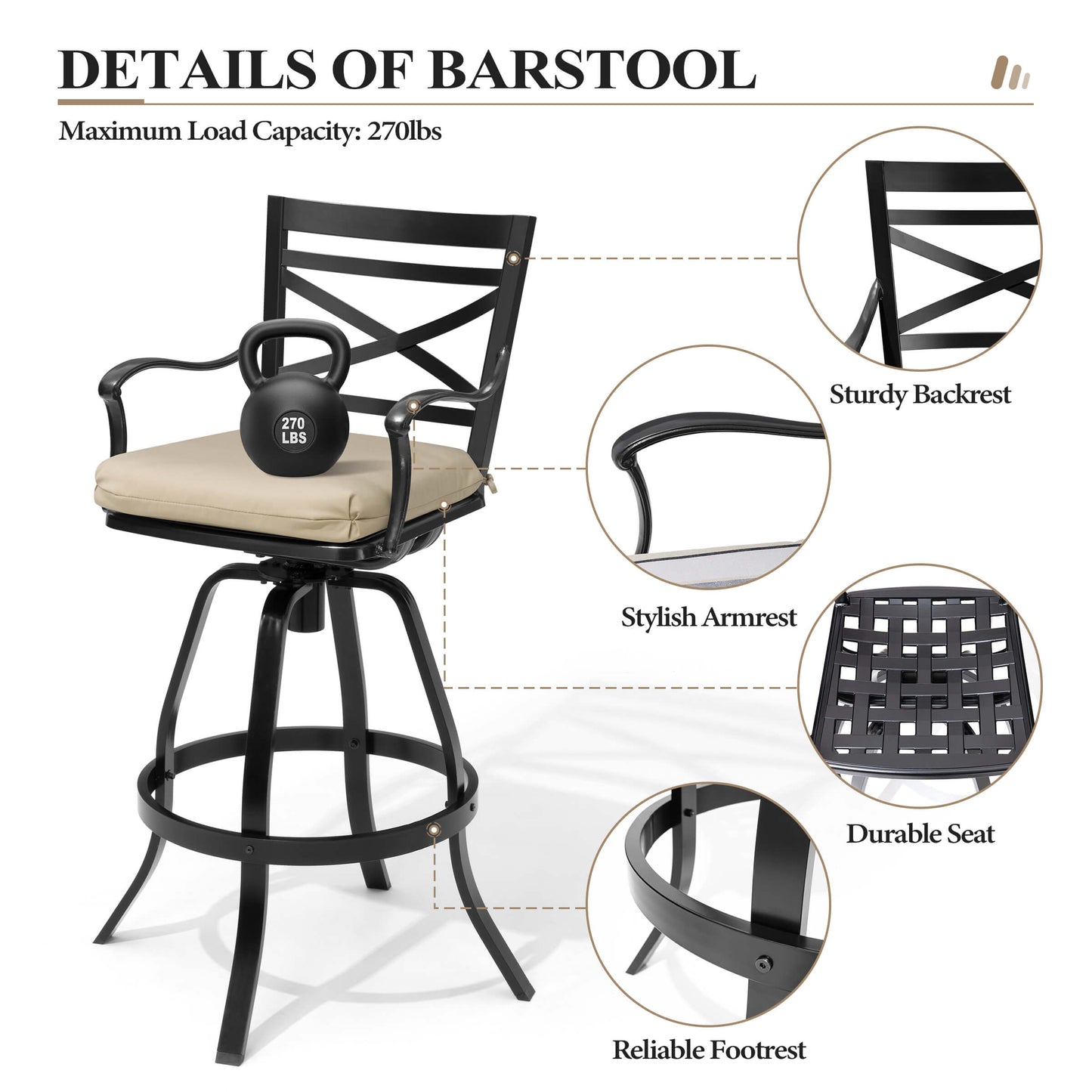 Aluminum Swivel Outdoor Bar Stool Set of 2 with Sunbrella Cushion