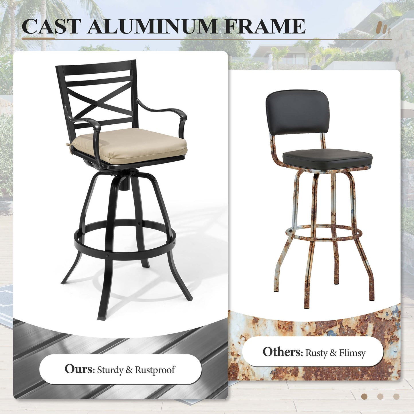 Aluminum Swivel Outdoor Bar Stool Set of 2 with Sunbrella Cushion