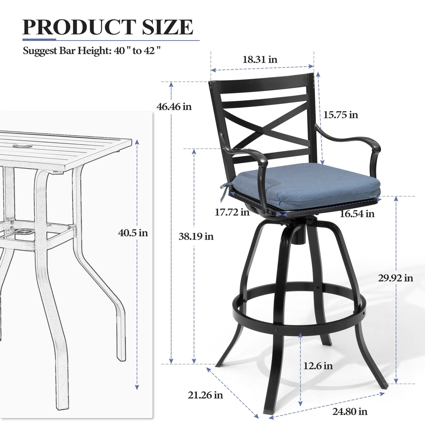 Aluminum Swivel Outdoor Bar Stool Set of 2 with Sunbrella Cushion