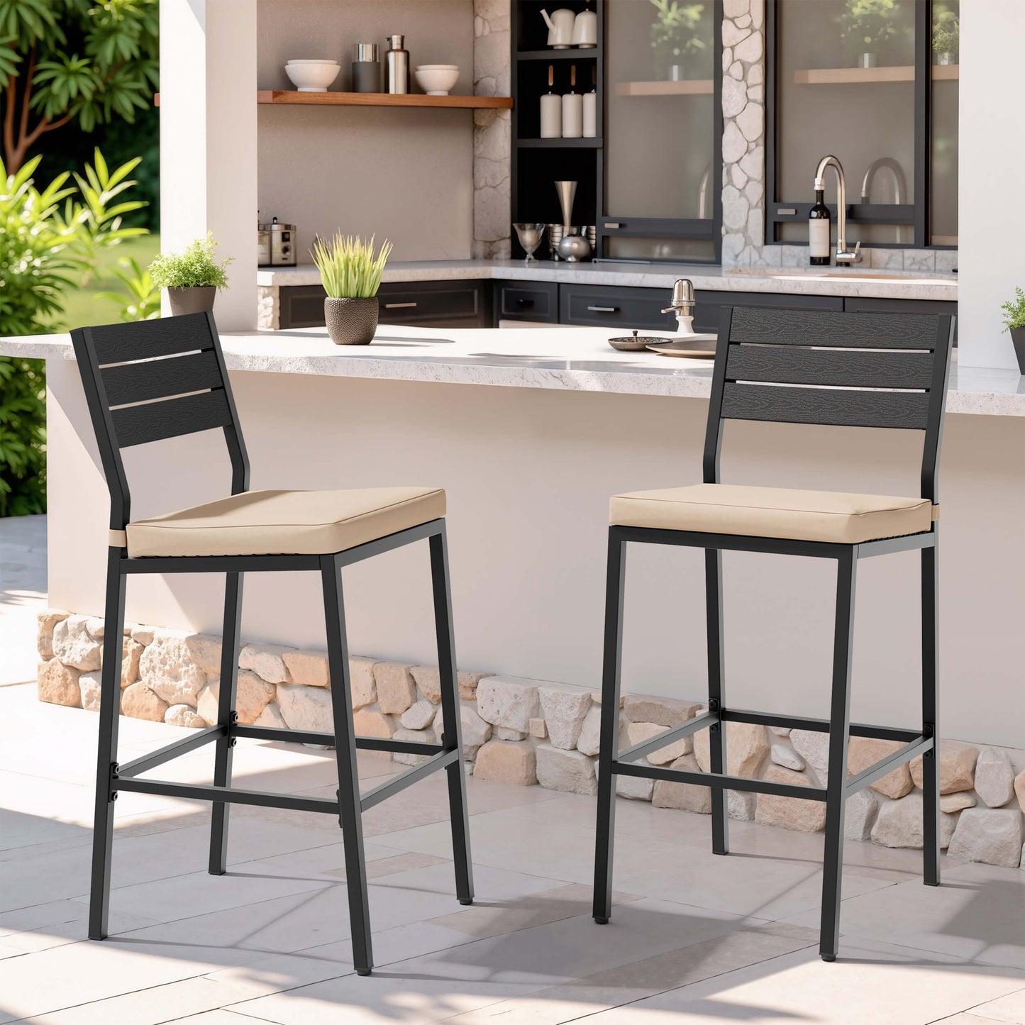 Outdoor Patio Bar Stool Set of 2 with Cushion
