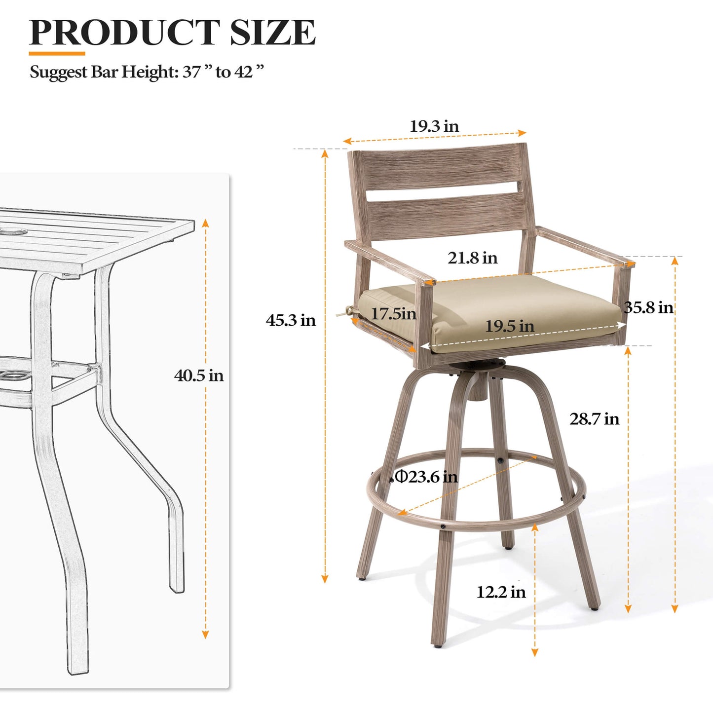Aluminum Swivel Outdoor Bar Stool Set of 2 with Sunbrella Cushion