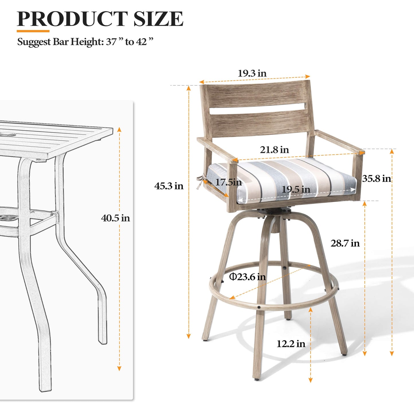 Aluminum Swivel Outdoor Bar Stool Set of 2 with Sunbrella Cushion