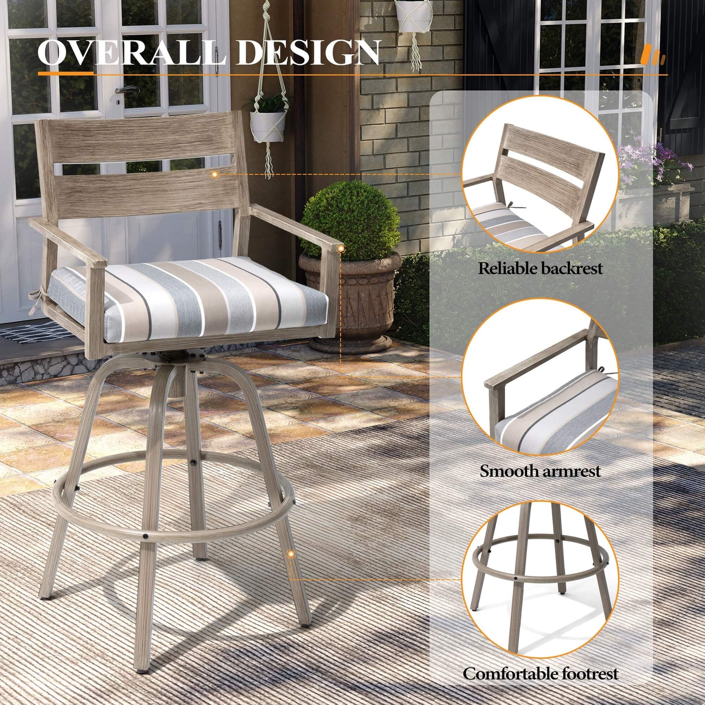 Aluminum Swivel Outdoor Bar Stool Set of 2 with Sunbrella Cushion