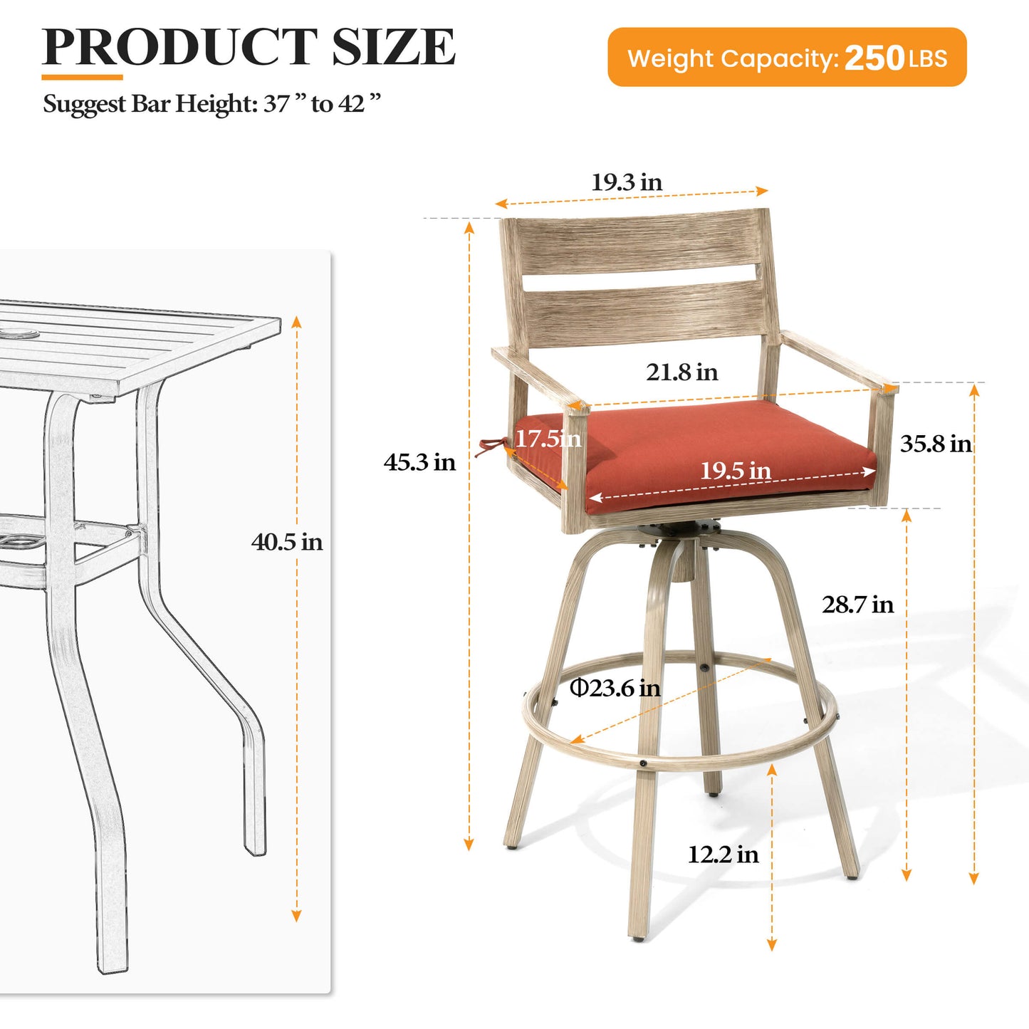 Aluminum Swivel Outdoor Bar Stool Set of 2 with Sunbrella Cushion