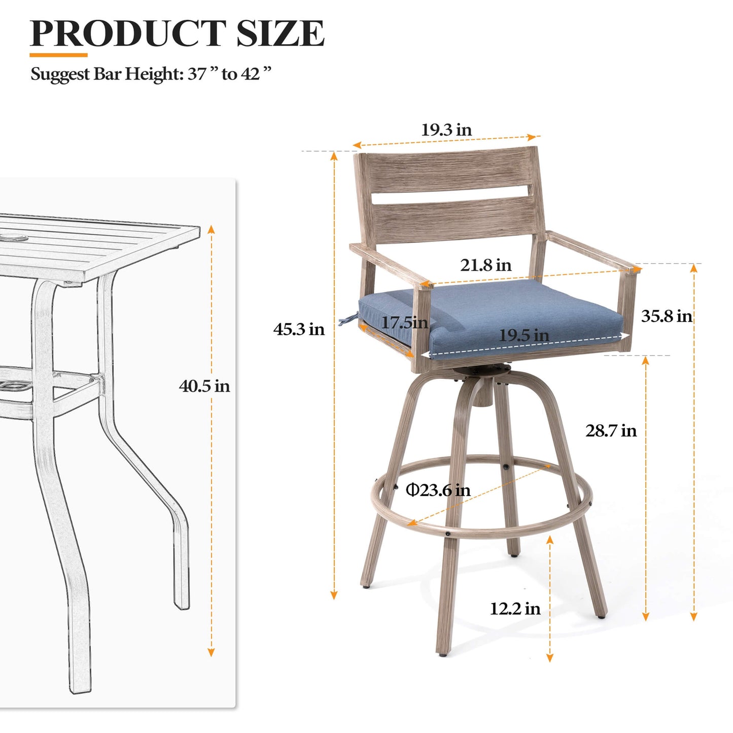 Aluminum Swivel Outdoor Bar Stool Set of 2 with Sunbrella Cushion