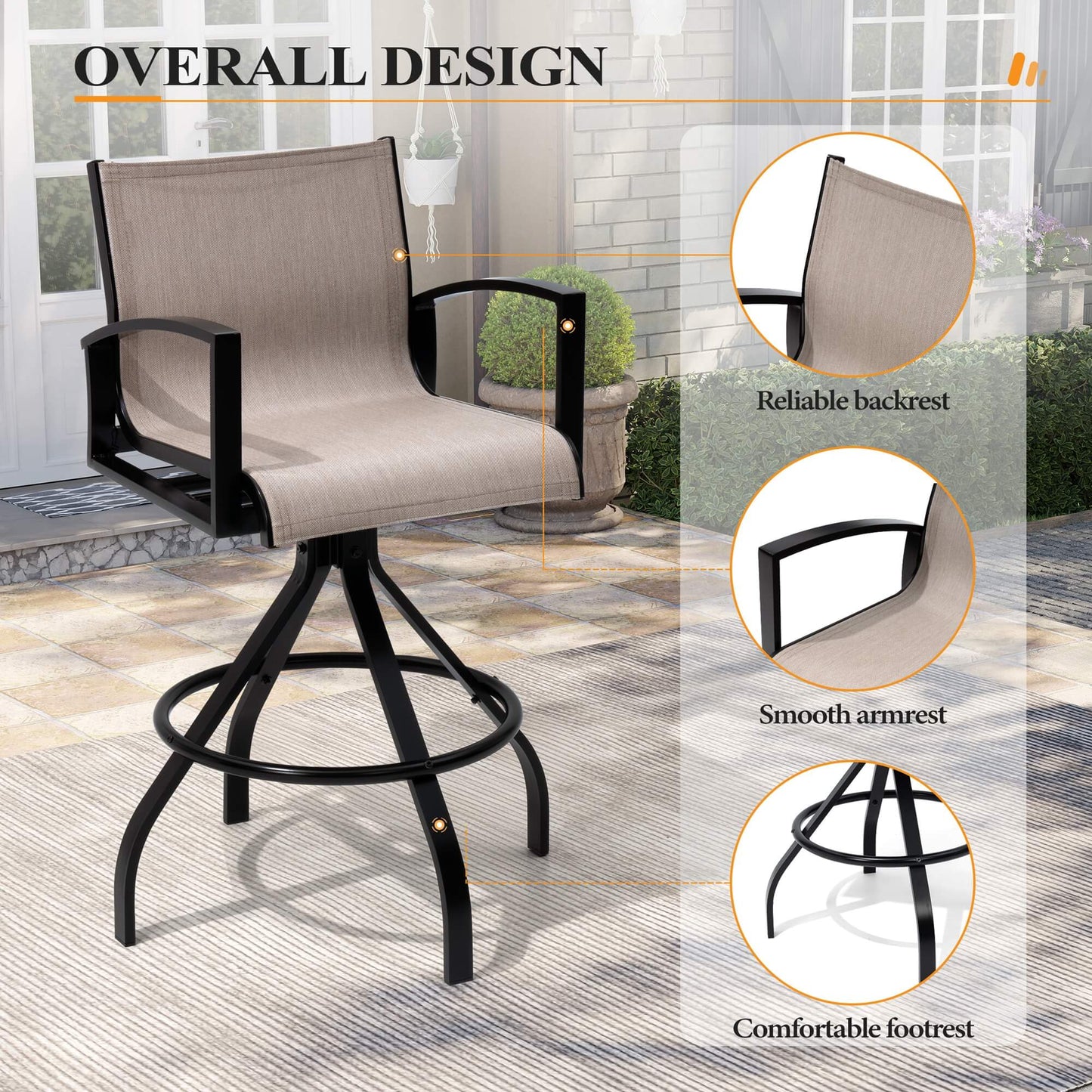 Aluminum Swivel Outdoor Bar Stool Set of 2 with Sunbrella