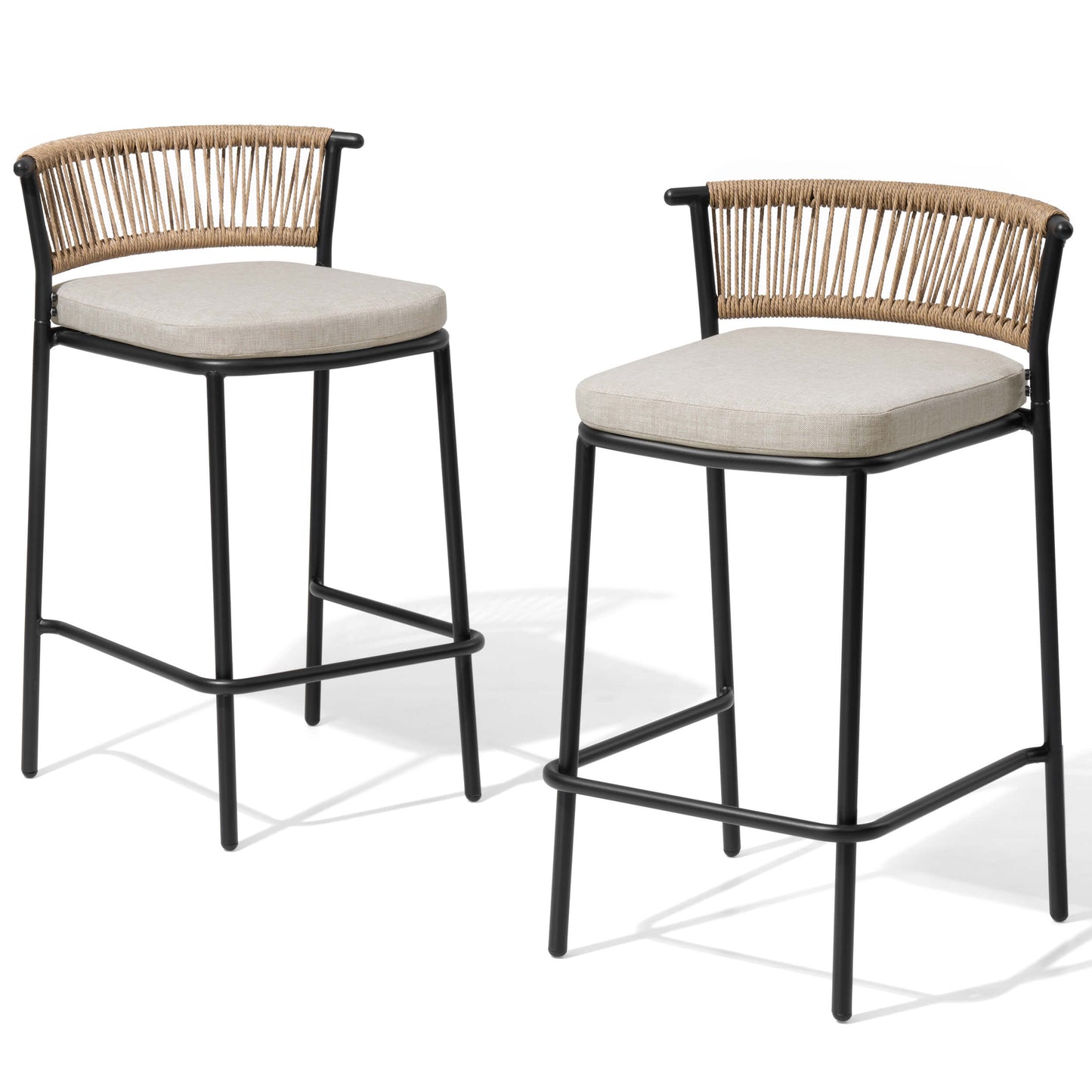 Outdoor Patio Bar Stool Set of 2 with Cushion and Rattan Back