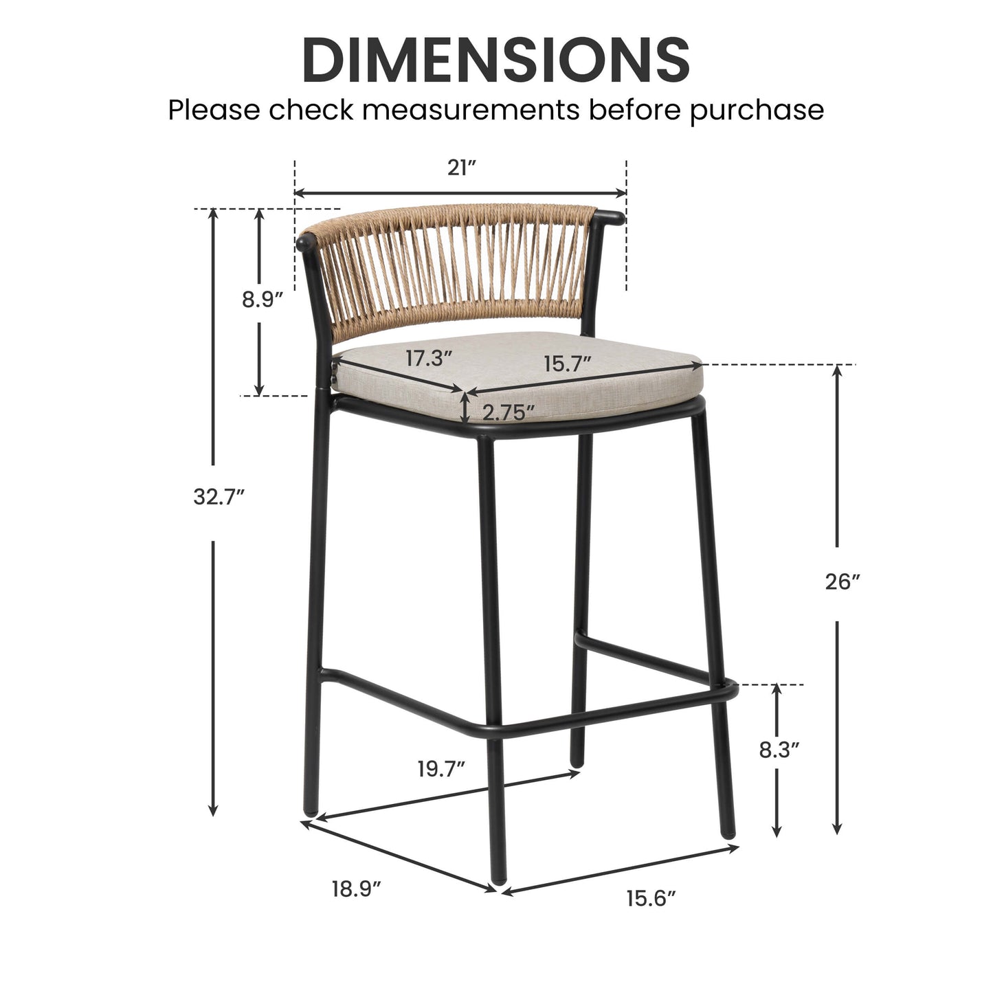 Outdoor Patio Bar Stool Set of 2 with Cushion and Rattan Back