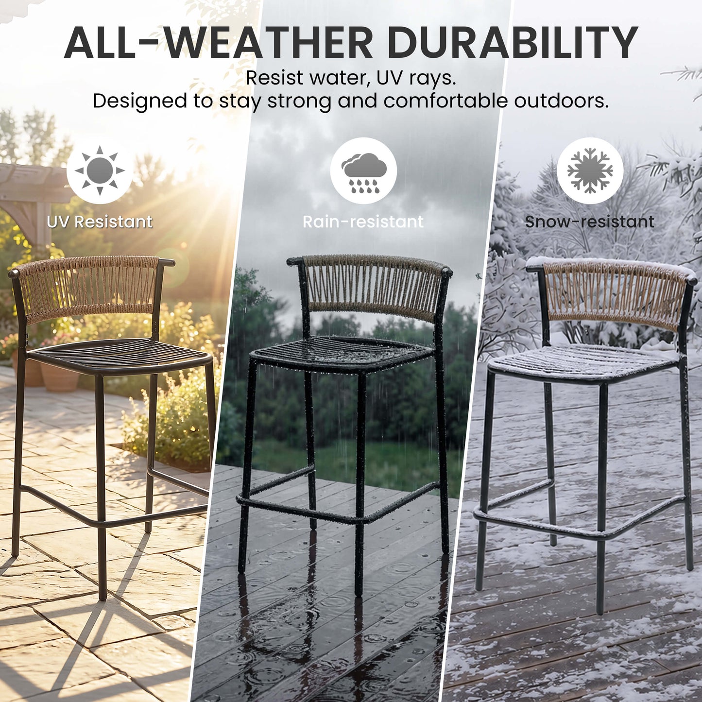 Outdoor Patio Bar Stool Set of 2 with Cushion and Rattan Back