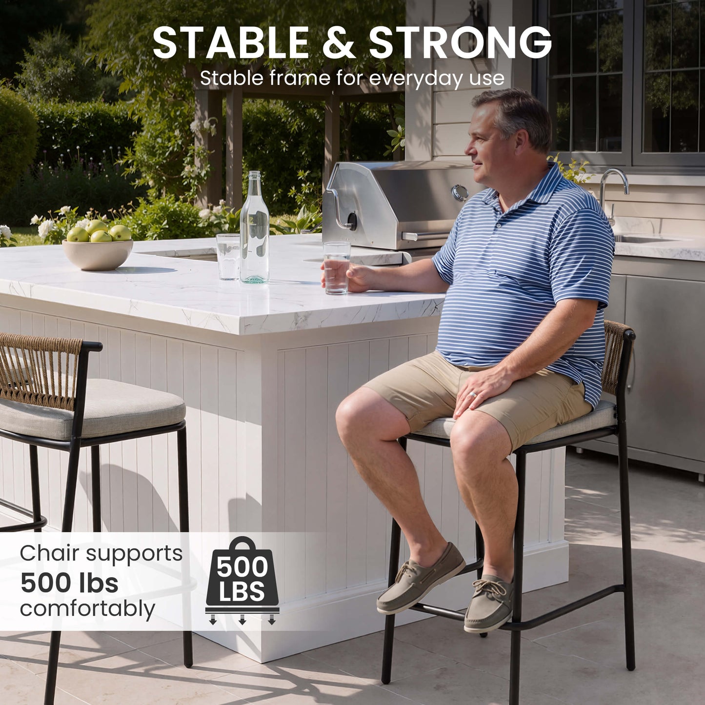 Outdoor Patio Bar Stool Set of 2 with Cushion and Rattan Back