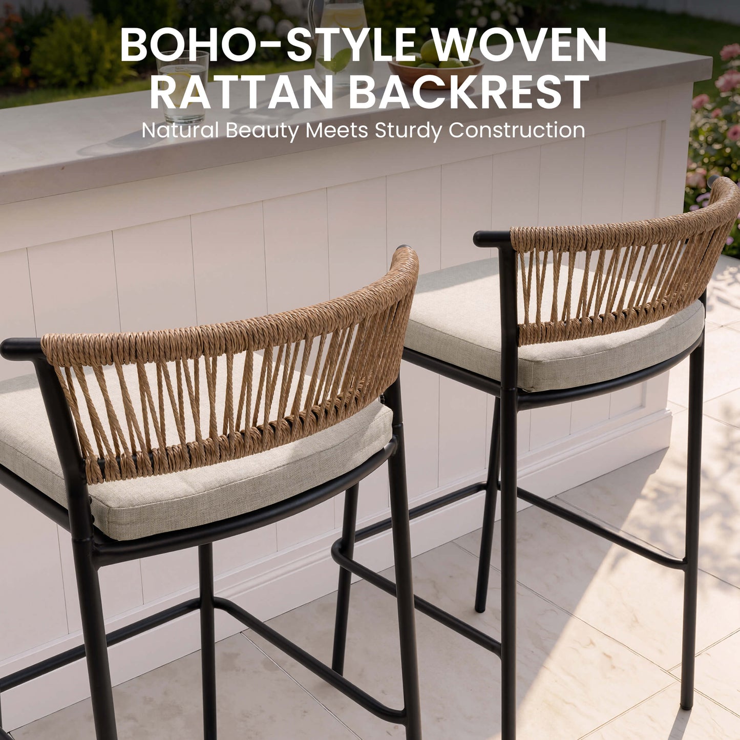 Outdoor Patio Bar Stool Set of 2 with Cushion and Rattan Back