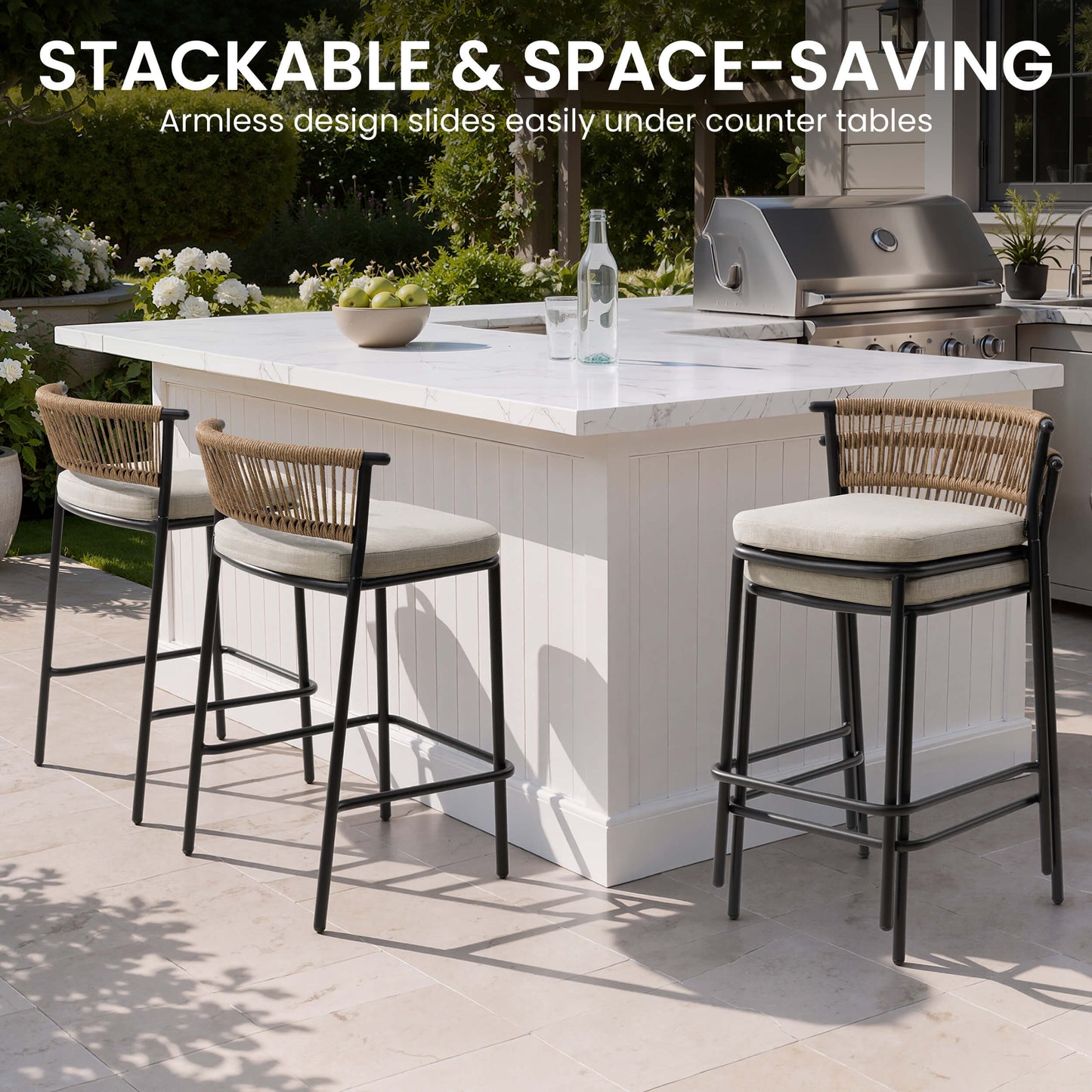 Outdoor Patio Bar Stool Set of 2 with Cushion and Rattan Back