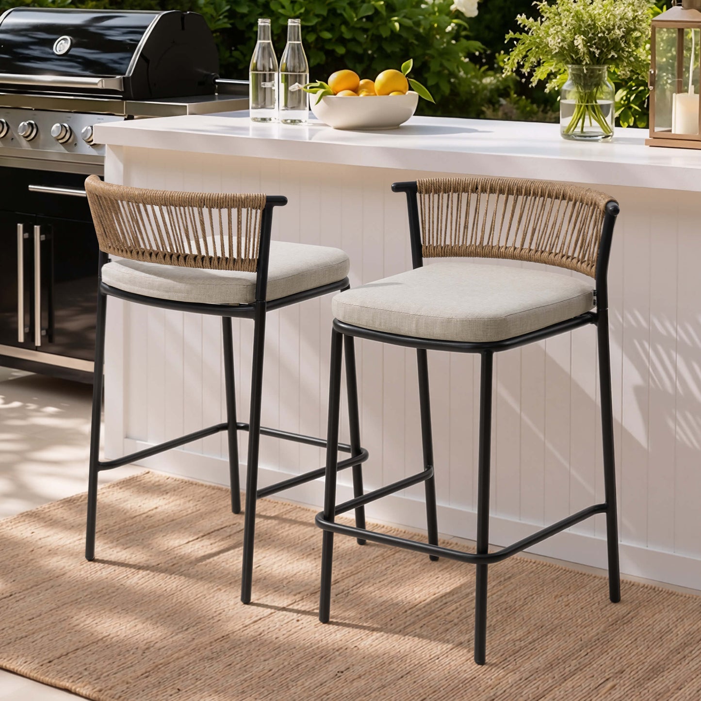 Outdoor Patio Bar Stool Set of 2 with Cushion and Rattan Back
