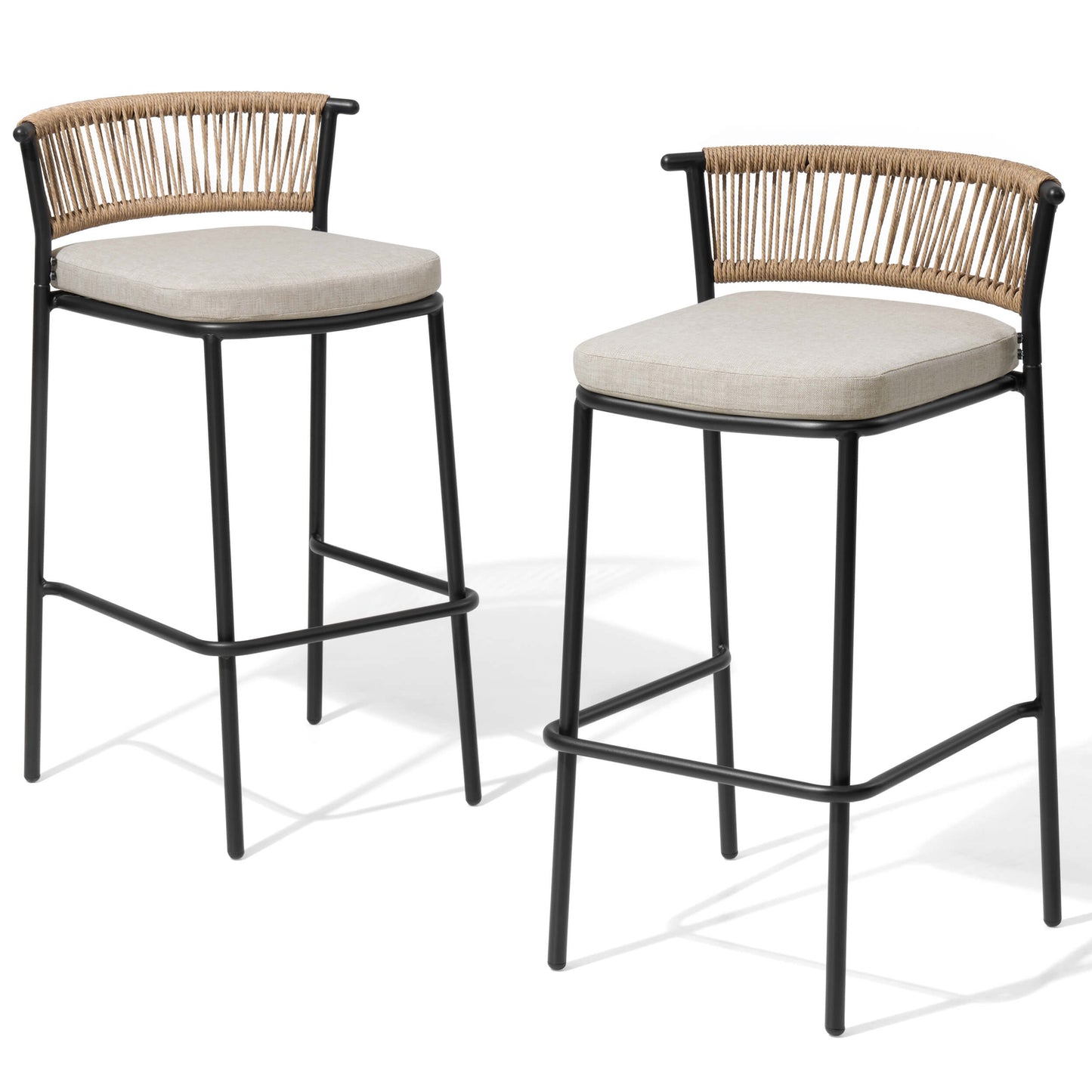 Outdoor Patio Bar Stool Set of 2 with Cushion and Rattan Back