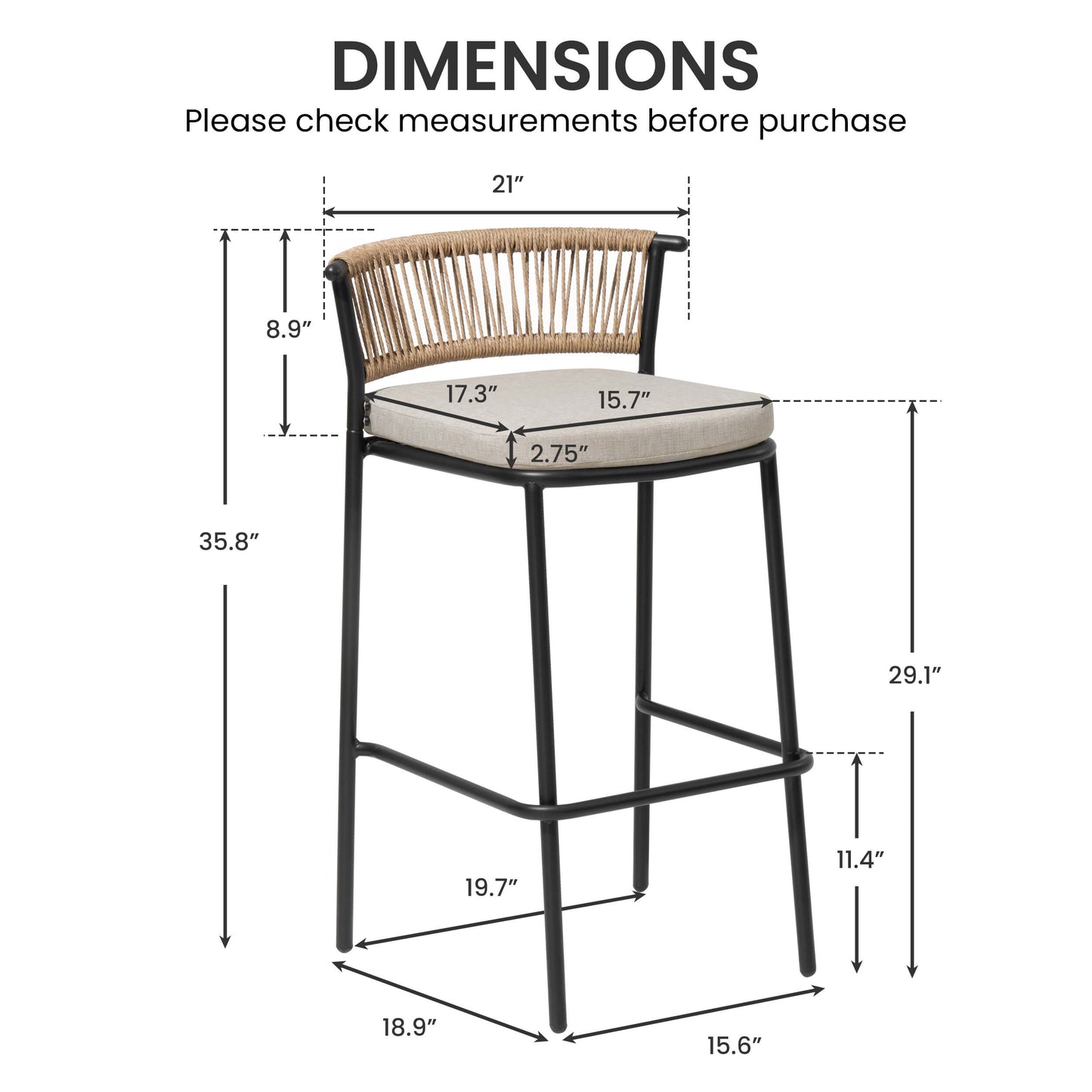 Outdoor Patio Bar Stool Set of 2 with Cushion and Rattan Back