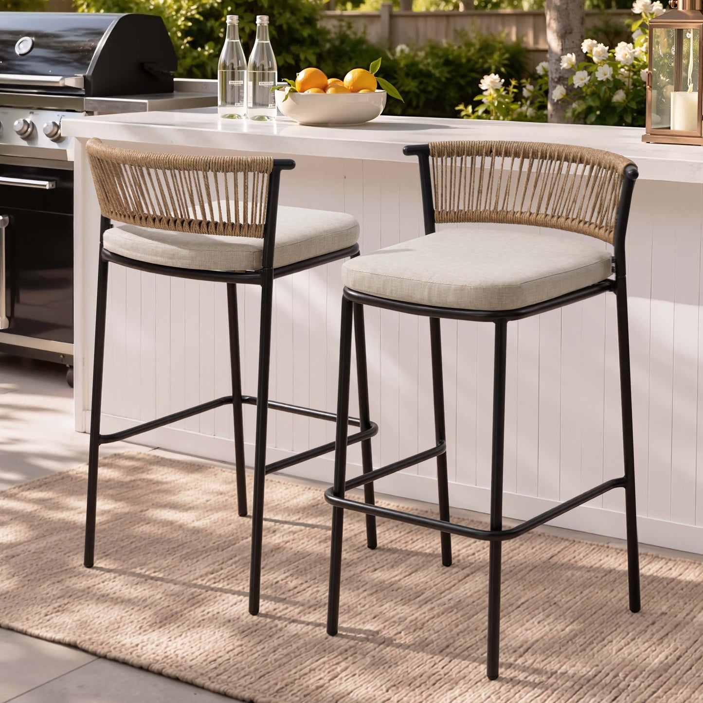 Outdoor Patio Bar Stool Set of 2 with Cushion and Rattan Back