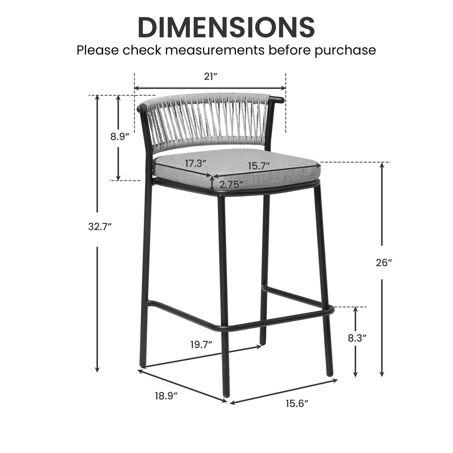 Outdoor Patio Bar Stool Set of 2 with Cushion and Rattan Back