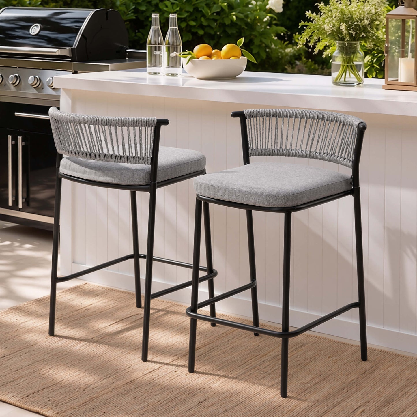 Outdoor Patio Bar Stool Set of 2 with Cushion and Rattan Back