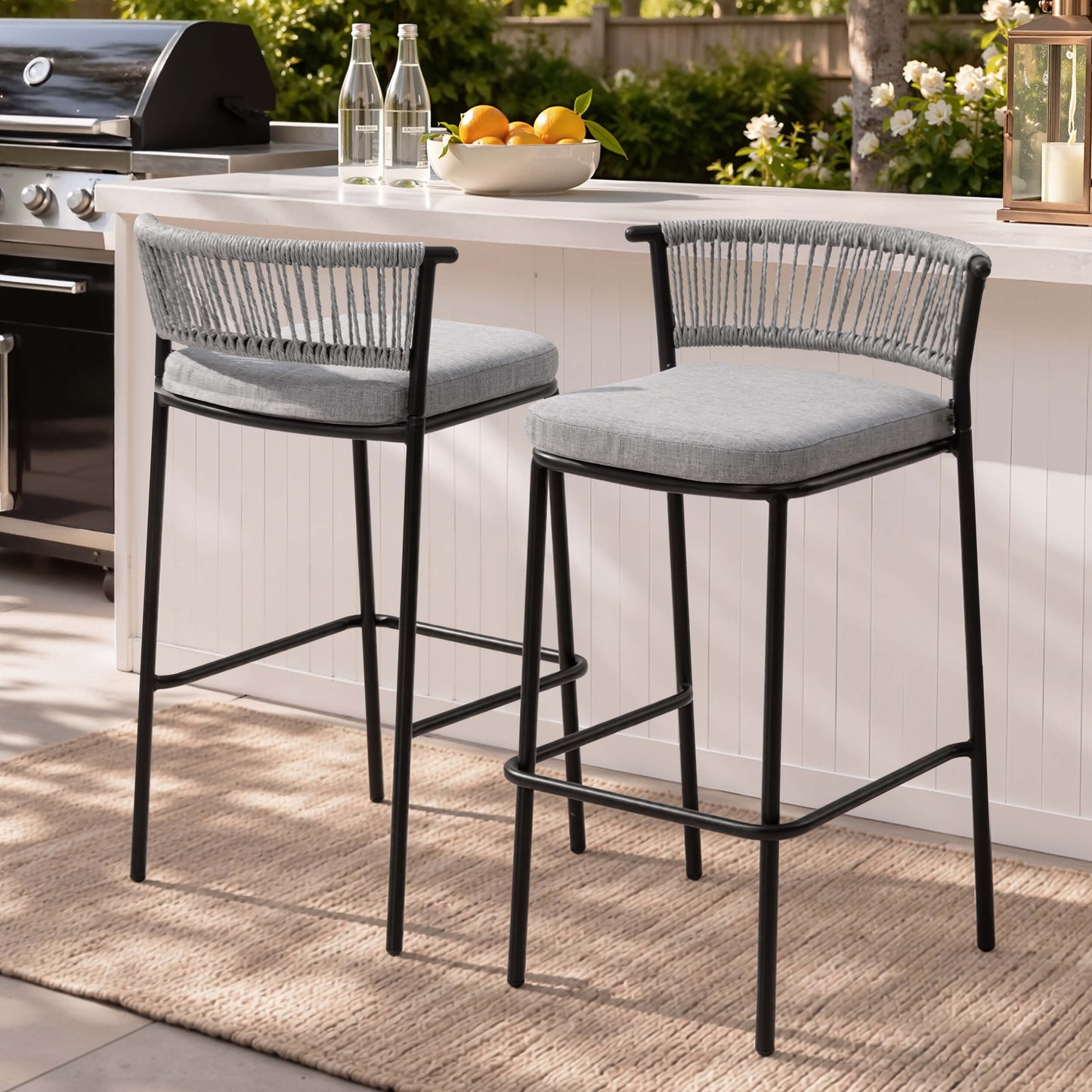 Outdoor Patio Bar Stool Set of 2 with Cushion and Rattan Back