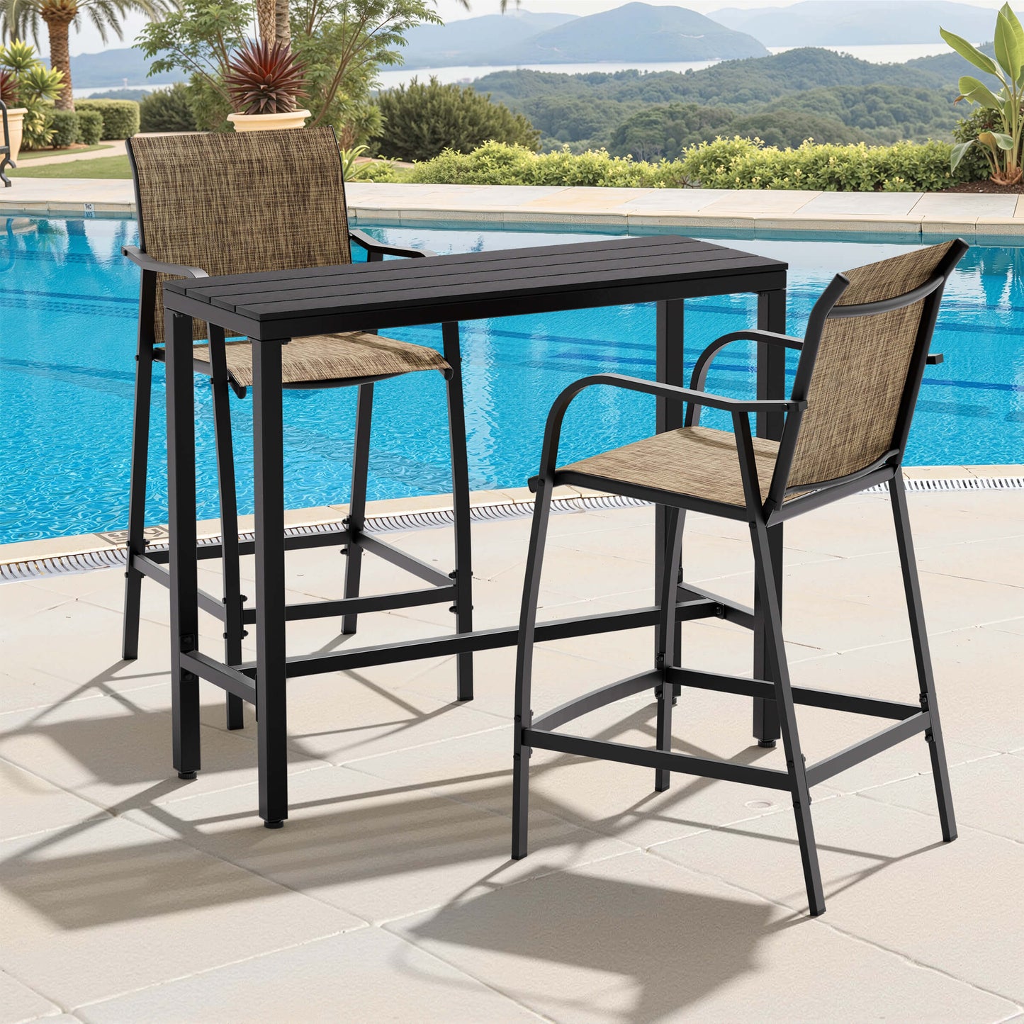 3-Piece Outdoor Bar Set with Wood-Plastic Table and Textilene Bar Chairs