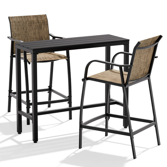 3-Piece Outdoor Bar Set with Wood-Plastic Table and Textilene Bar Chairs