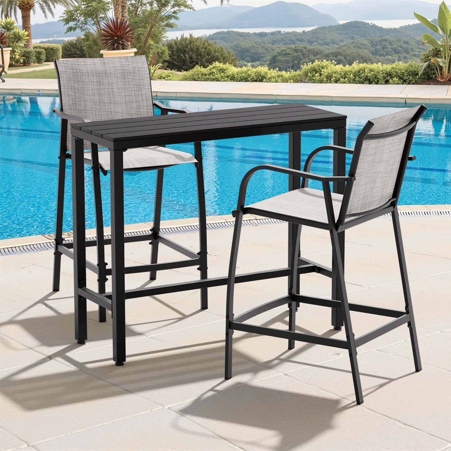 3-Piece Outdoor Bar Set with Wood-Plastic Table and Textilene Bar Chairs