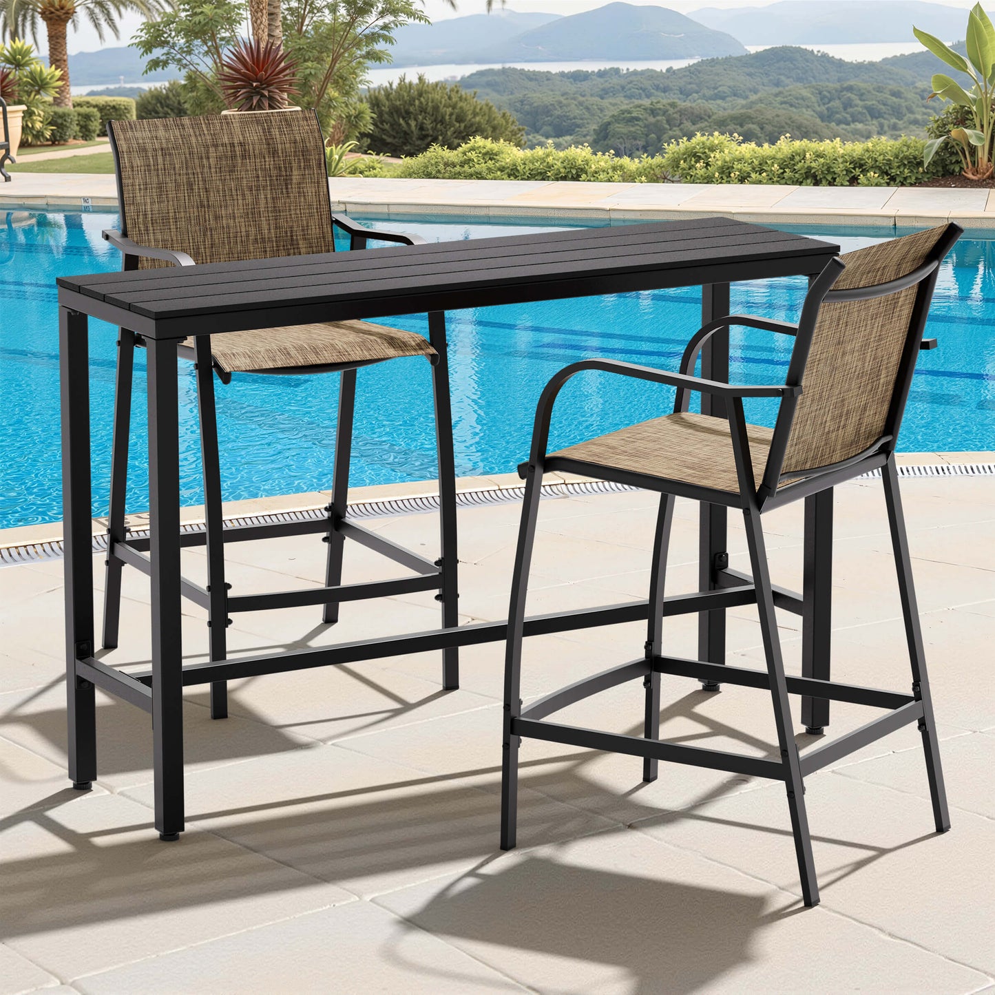 3-Piece Outdoor Bar Set with Wood-Plastic Table and Textilene Bar Chairs