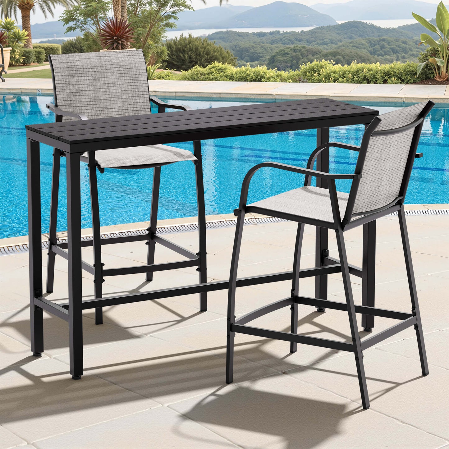 3-Piece Outdoor Bar Set with Wood-Plastic Table and Textilene Bar Chairs