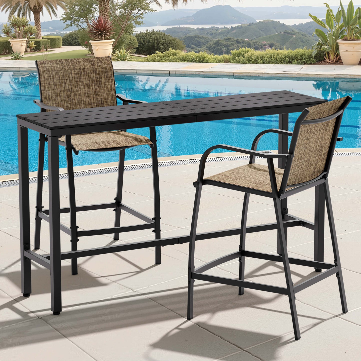 3-Piece Outdoor Bar Set with Wood-Plastic Table and Textilene Bar Chairs