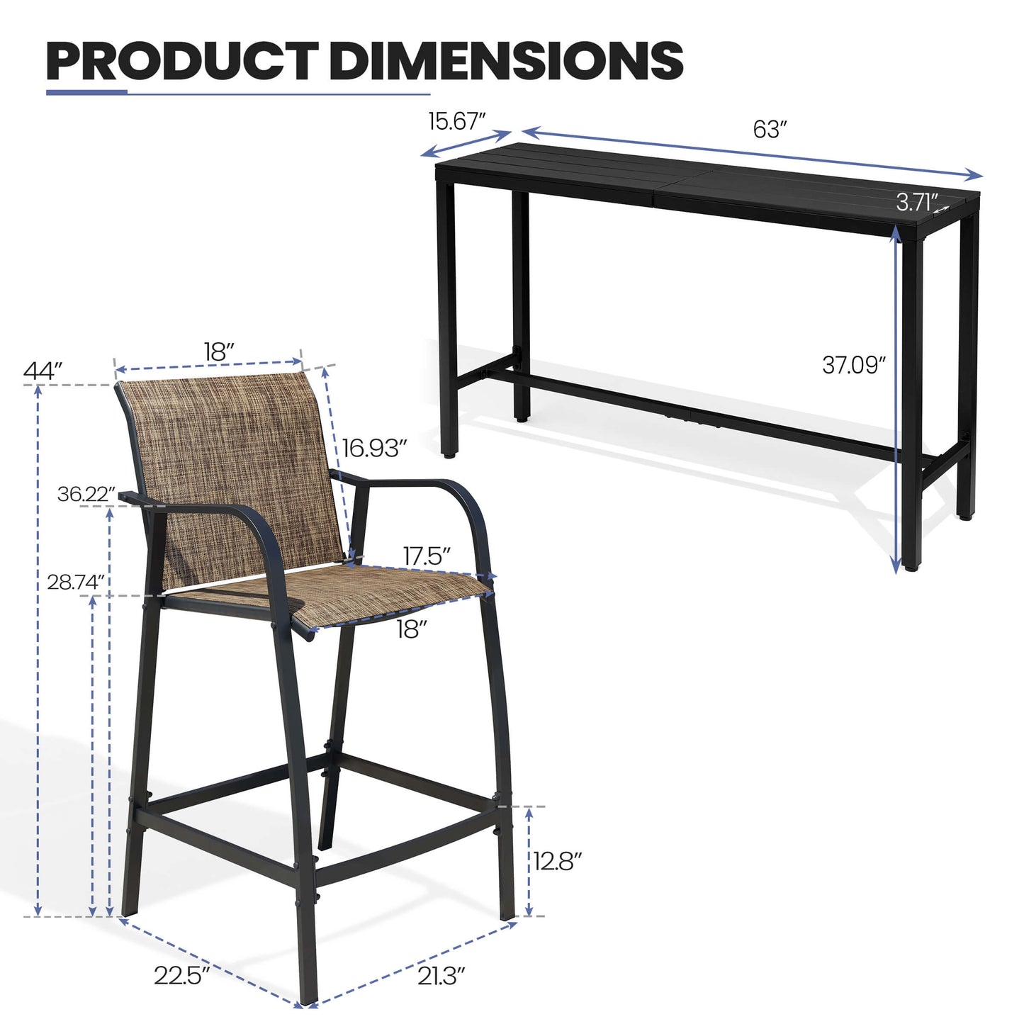 3-Piece Outdoor Bar Set with Wood-Plastic Table and Textilene Bar Chairs