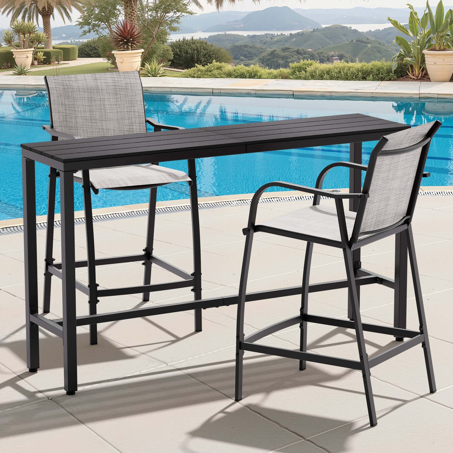 3-Piece Outdoor Bar Set with Wood-Plastic Table and Textilene Bar Chairs