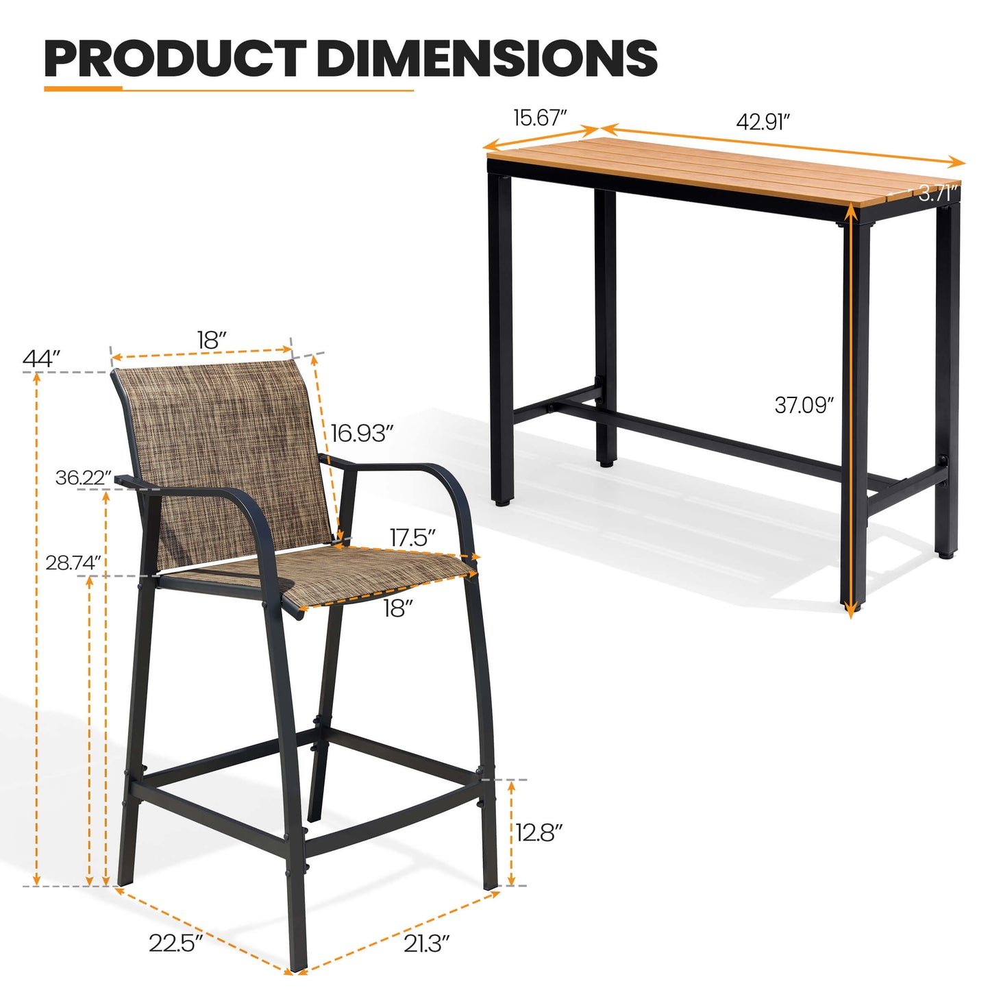 3-Piece Outdoor Bar Set with Wood-Plastic Table and Textilene Bar Chairs