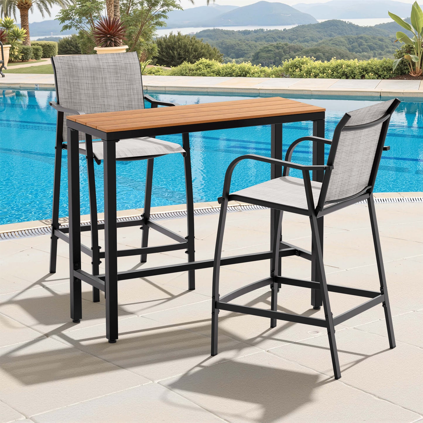 3-Piece Outdoor Bar Set with Wood-Plastic Table and Textilene Bar Chairs