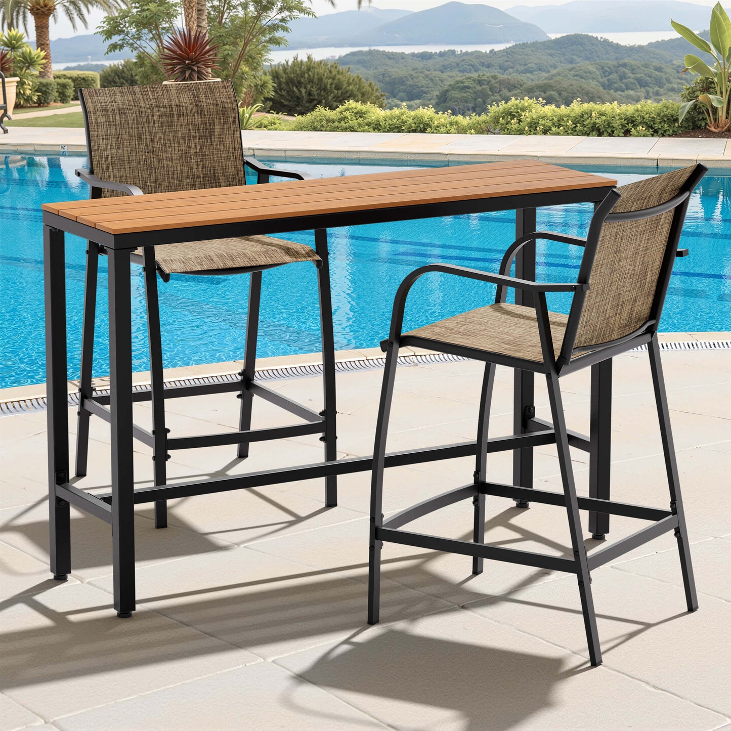 3-Piece Outdoor Bar Set with Wood-Plastic Table and Textilene Bar Chairs