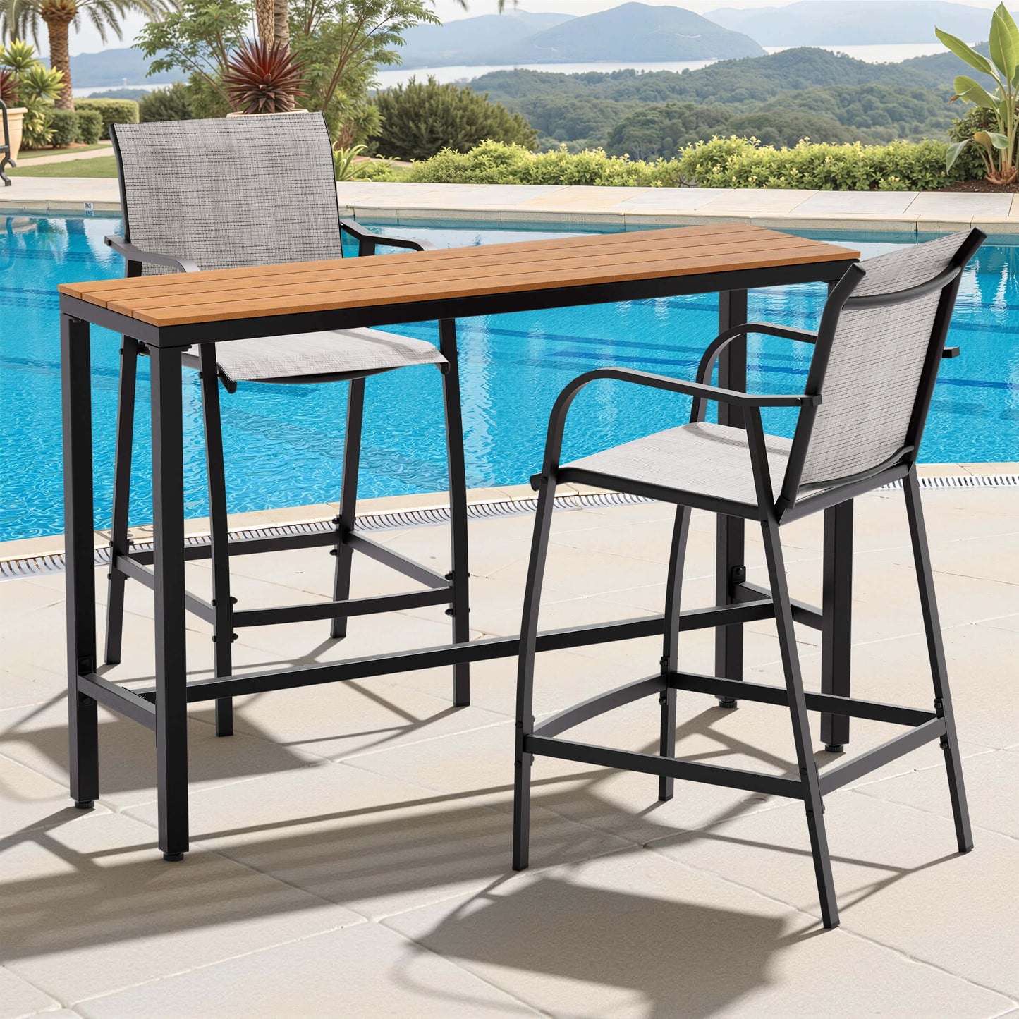3-Piece Outdoor Bar Set with Wood-Plastic Table and Textilene Bar Chairs