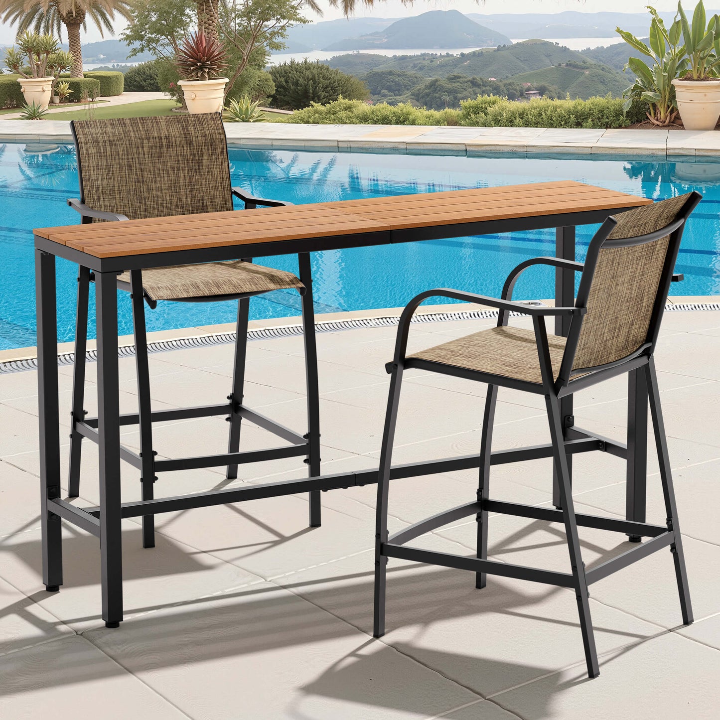 3-Piece Outdoor Bar Set with Wood-Plastic Table and Textilene Bar Chairs