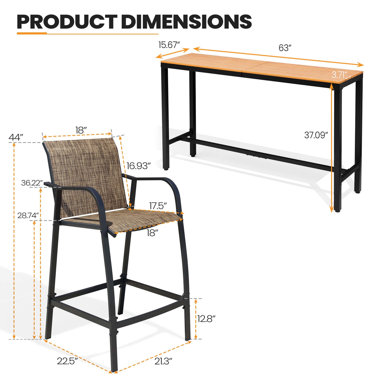 3-Piece Outdoor Bar Set with Wood-Plastic Table and Textilene Bar Chairs