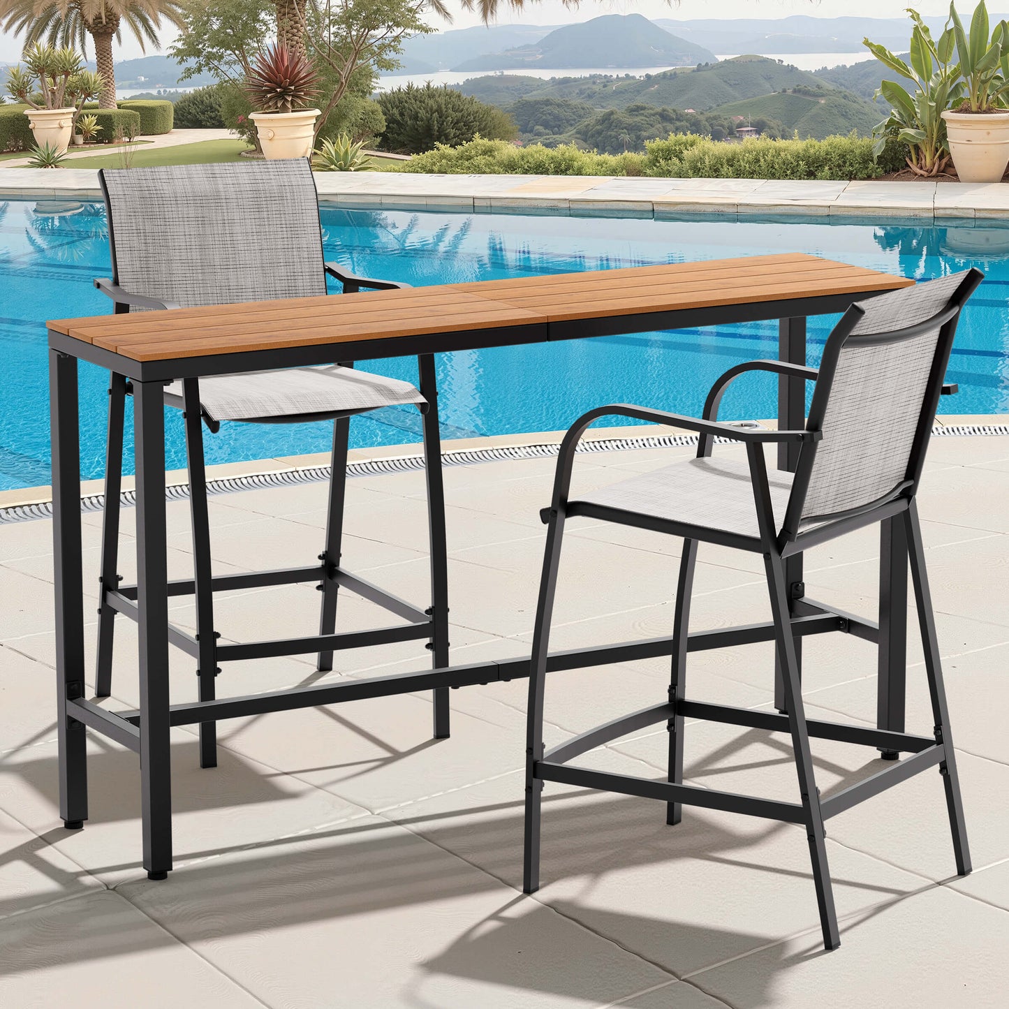 3-Piece Outdoor Bar Set with Wood-Plastic Table and Textilene Bar Chairs