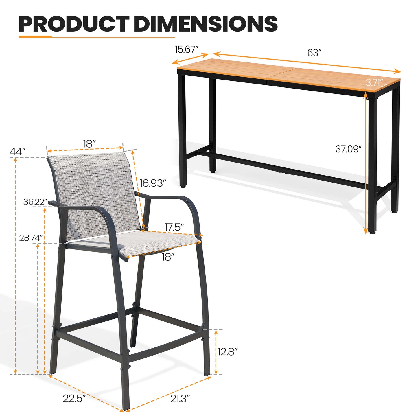 3-Piece Outdoor Bar Set with Wood-Plastic Table and Textilene Bar Chairs