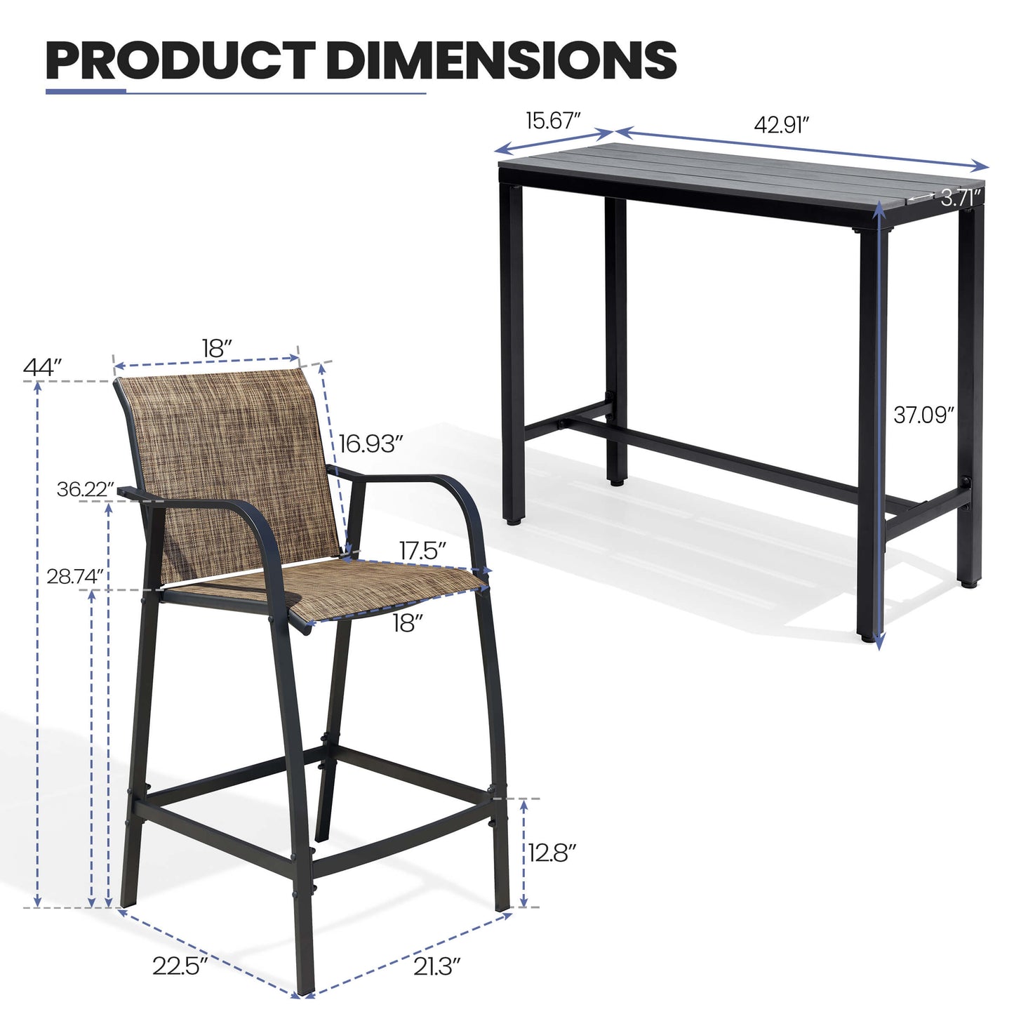 3-Piece Outdoor Bar Set with Wood-Plastic Table and Textilene Bar Chairs