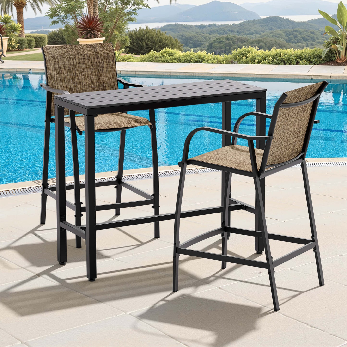 3-Piece Outdoor Bar Set with Wood-Plastic Table and Textilene Bar Chairs