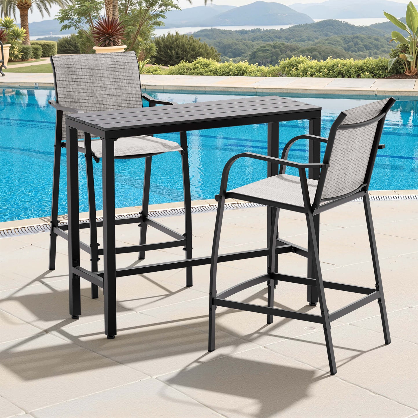 3-Piece Outdoor Bar Set with Wood-Plastic Table and Textilene Bar Chairs